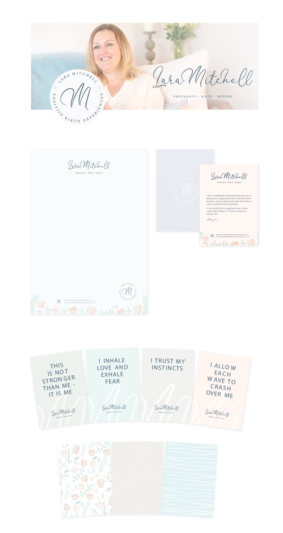 A collection of the letterhead, promotional card, and affirmation cards created for Lara Mitchell.